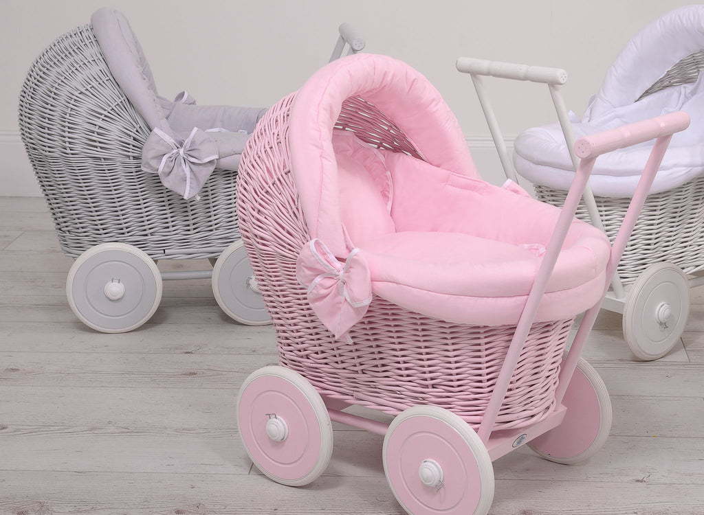 Wicker doll pushchair white with white bedding and soft padding STELLA