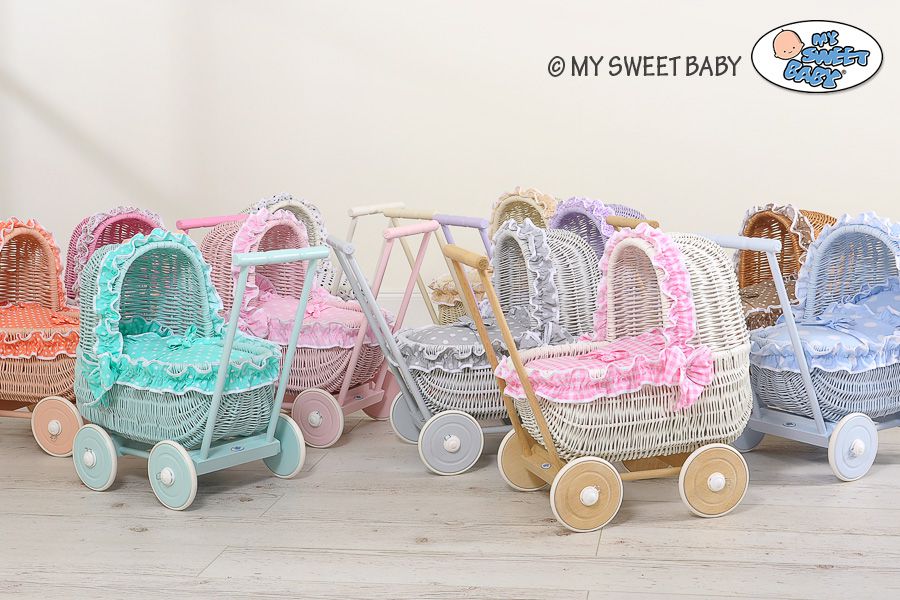 Wicker doll pushchair with bedding white - natural
