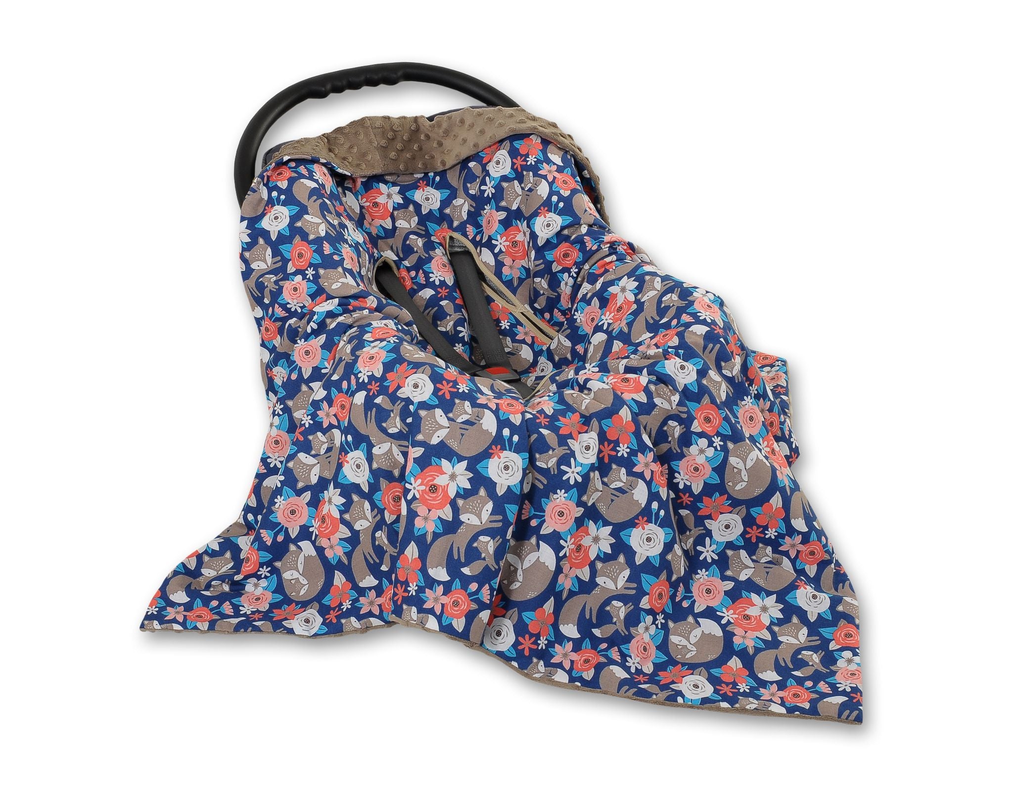 Big double-sided car seat blanket for babies - fox family on blue/brown