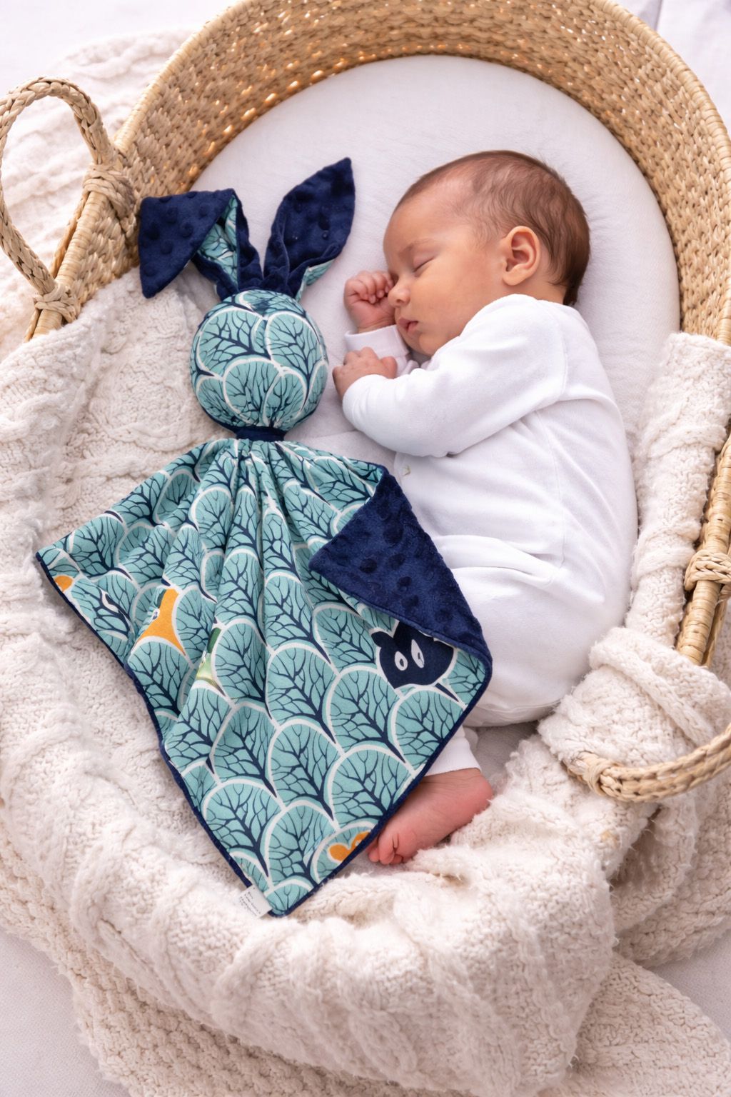 DOUDOU Cuddly bunny double-sided cotton and minky - Mint forest - navy blue