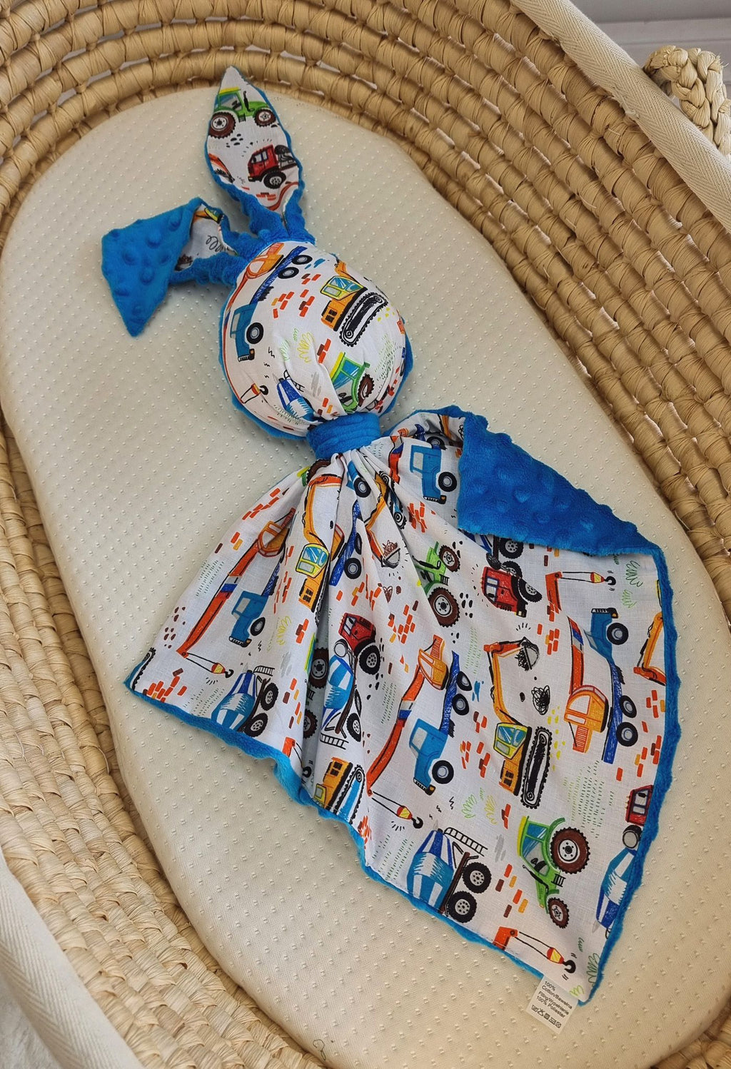 DOUDOU Cuddly bunny double-sided cotton and minky - Construction site - blue