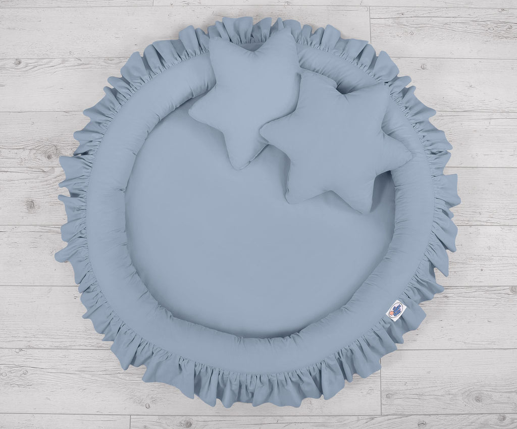 Set: Hanging baldachin for children's room cotton + nest with flounce + pillows - pastel blue