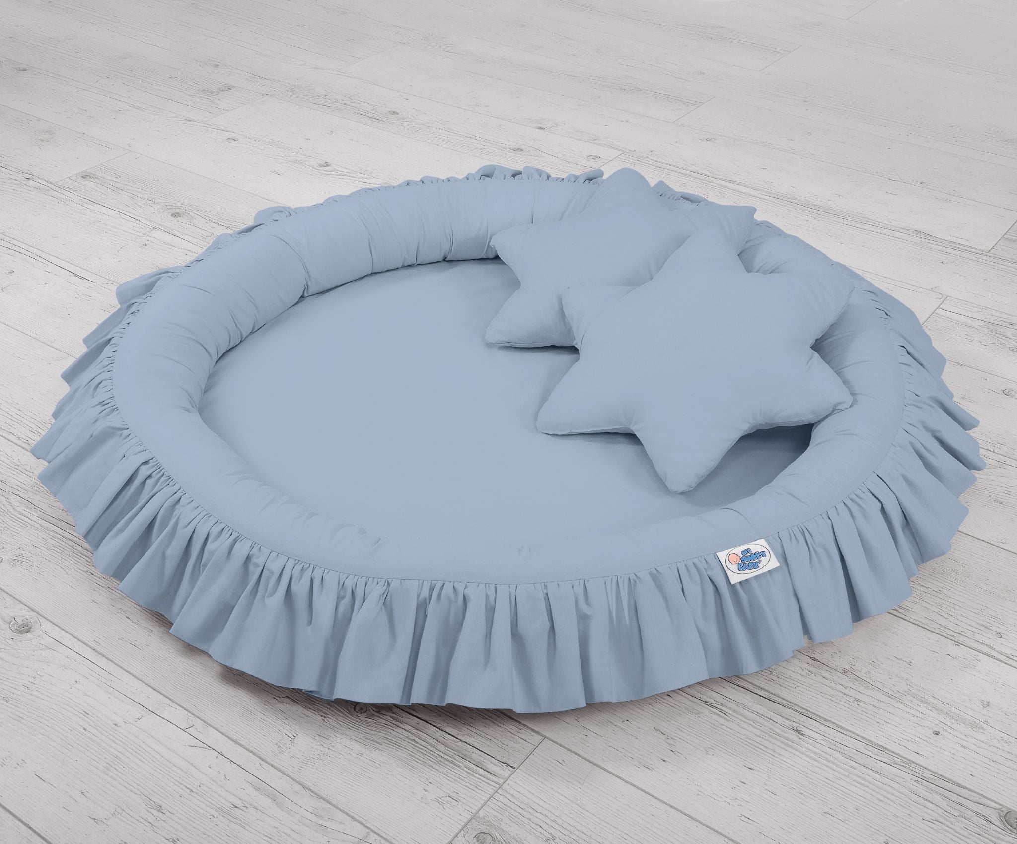 Set: Hanging baldachin for children's room cotton + nest with flounce + pillows - pastel blue