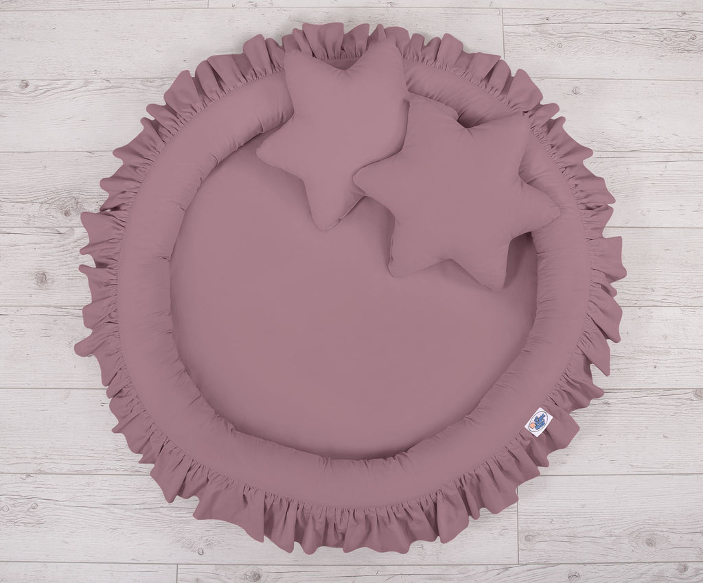 Set: Hanging baldachin for children's room cotton + nest with flounce + pillows - pastel violet