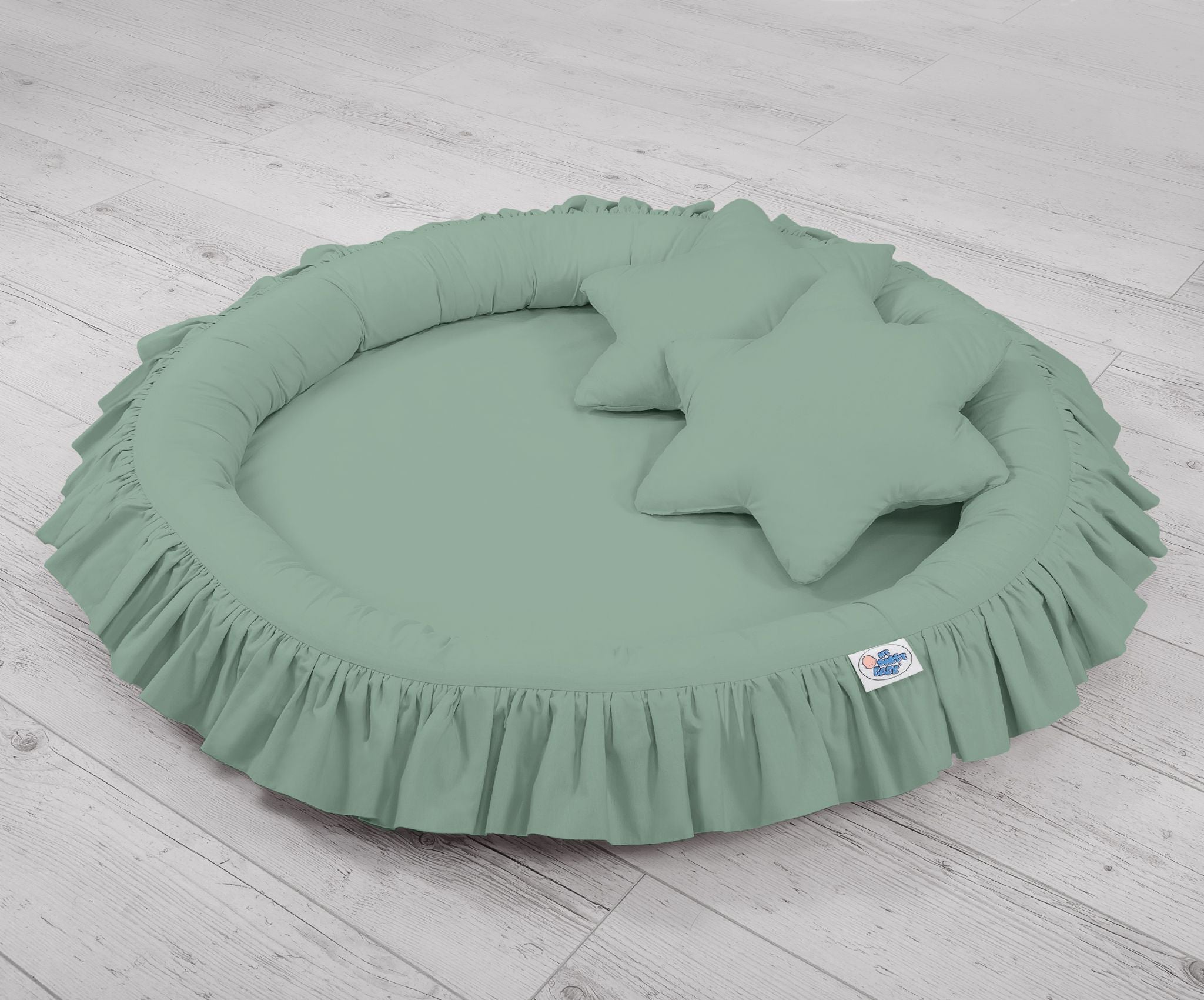 Set: Hanging baldachin for children's room cotton + nest with flounce + pillows - pastel green