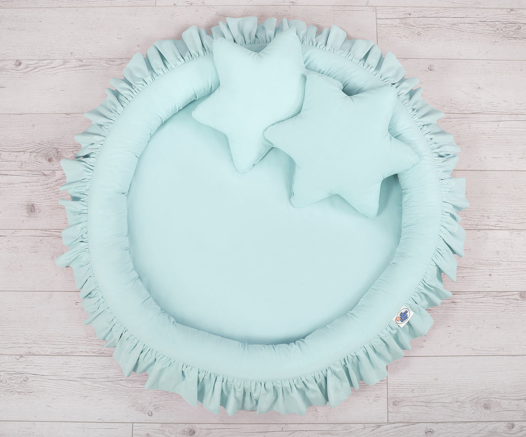 Set: Hanging baldachin for children's room cotton + nest with flounce + pillows - mint