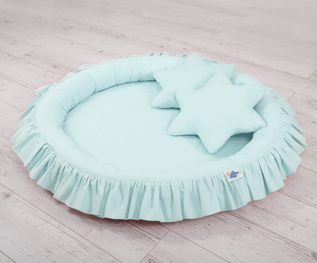 Set: Hanging baldachin for children's room cotton + nest with flounce + pillows - mint