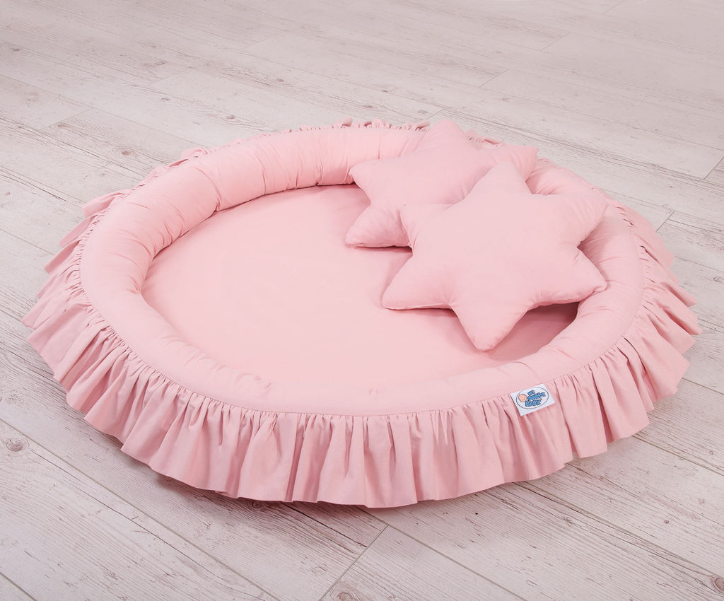 Set: Hanging baldachin for children's room cotton + nest with flounce + pillows - pastel pink