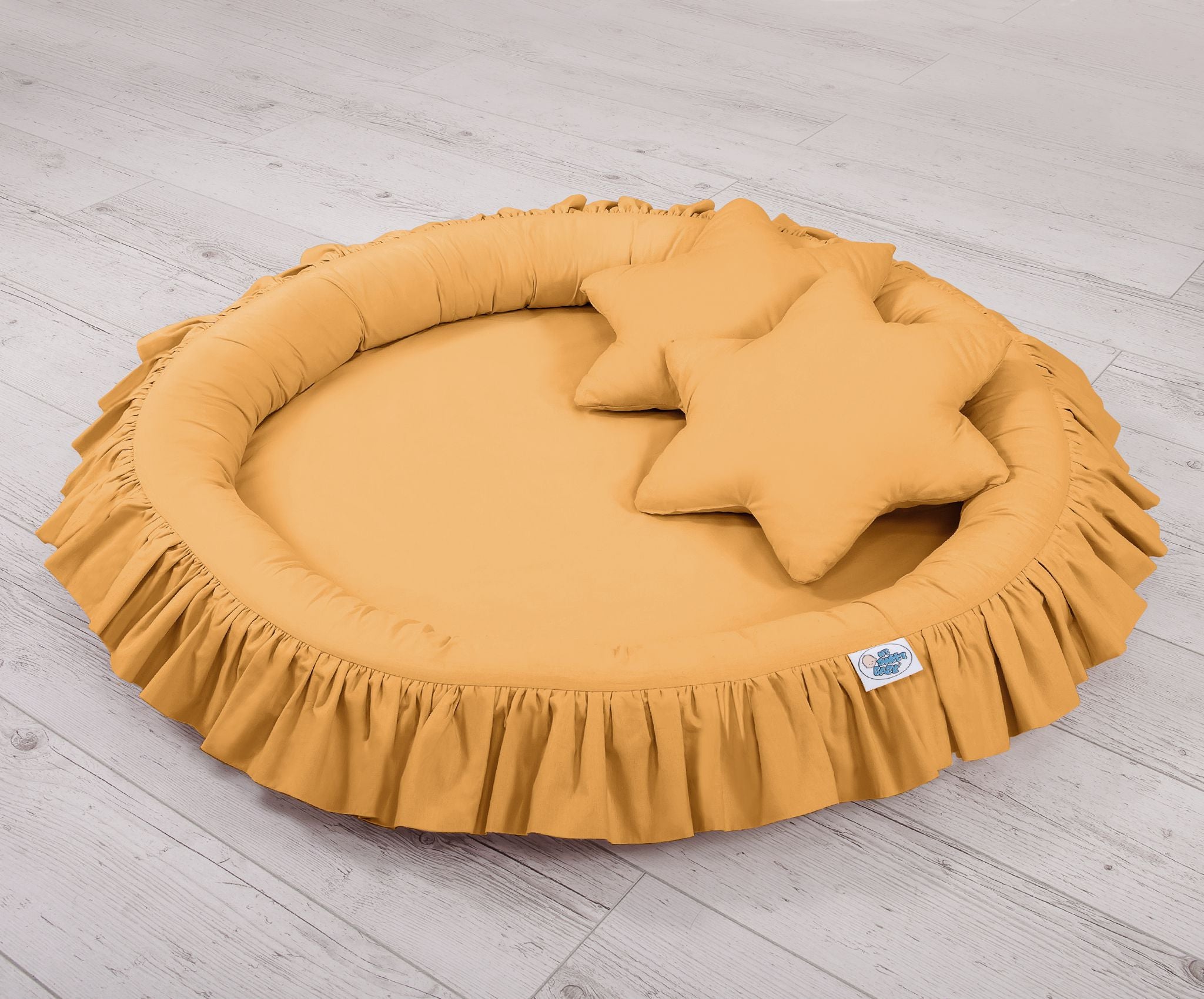 Set: Hanging baldachin for children's room cotton + nest with flounce + pillows - honey yellow