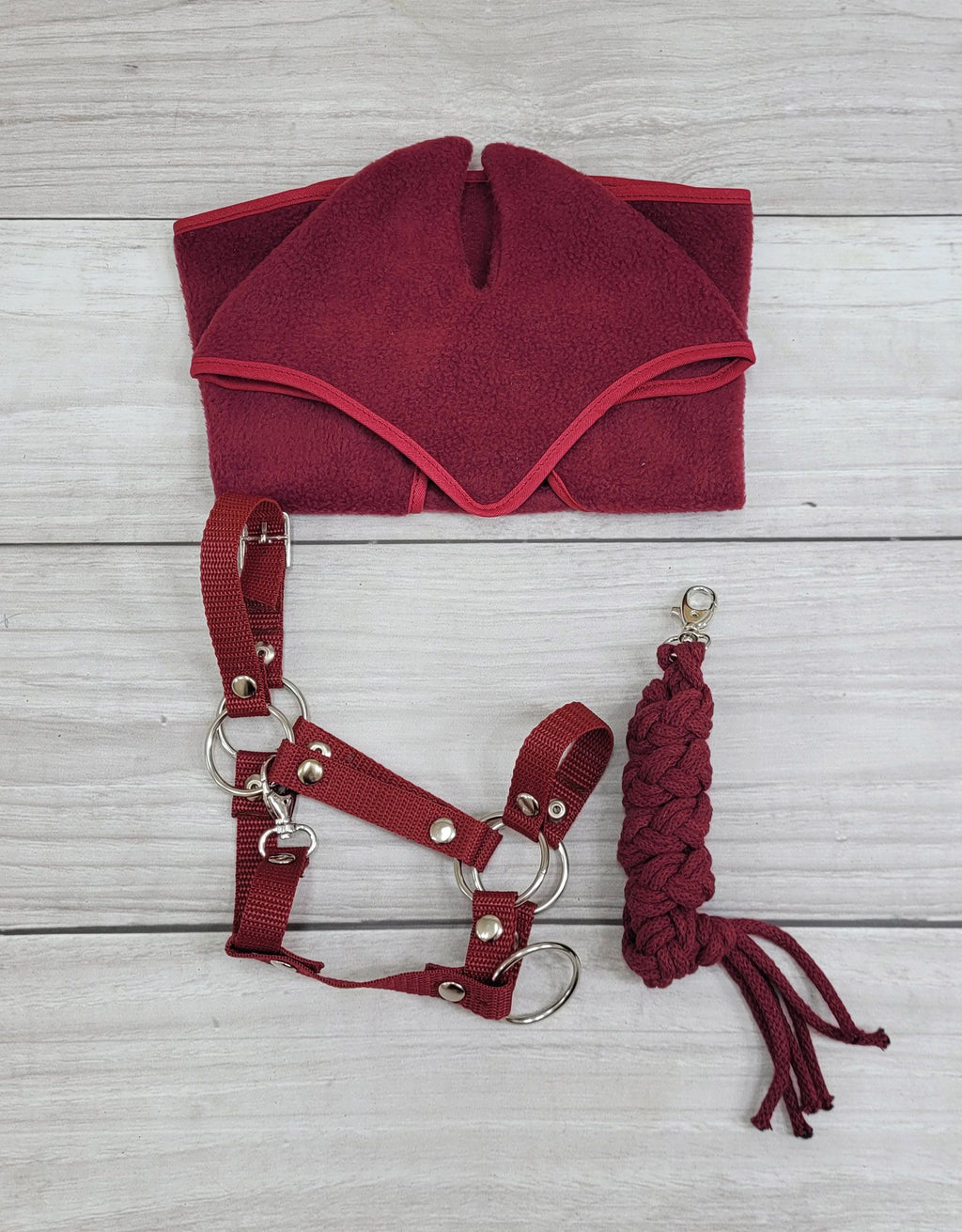 Set for Hobby Horse: the halter A3 + Tether made of cord - burgundy